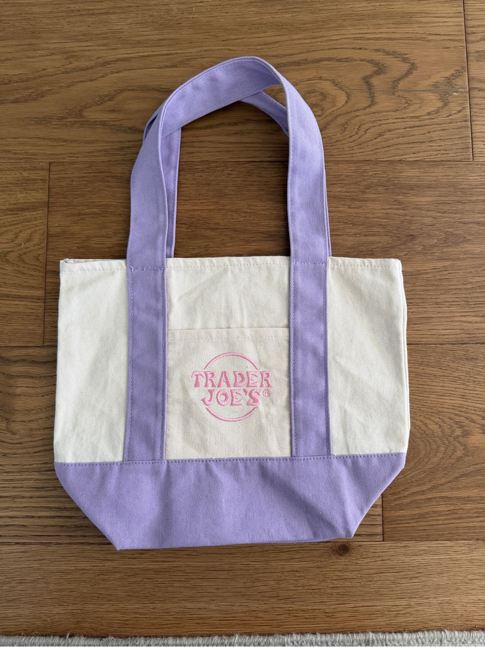 Trader Joe’s mini Canvas Tote Bag in lavender/Cream never used but tags are off